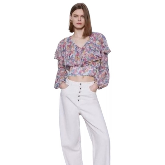 ZARA Floral Chiffon Boho Crop Top Size X-Small floral colorful Summer top - Picture 2 of 9